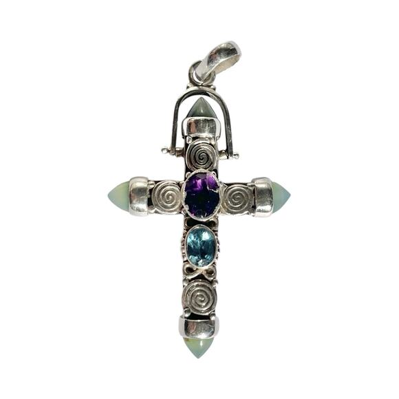 Nicky Butler Jewelry - Nicky Butler-Style .925 Silver & Semi-Precious Gemstone Large Cross Pendant 3”